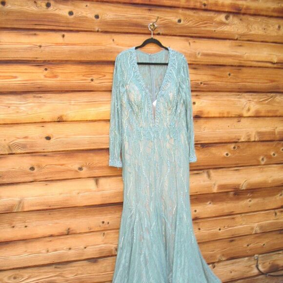 Mac Duggal 79291 Womens BEADED ILLUSION LONG SLEEVE PLUNGE NECK GOWN - Picture 7 of 16